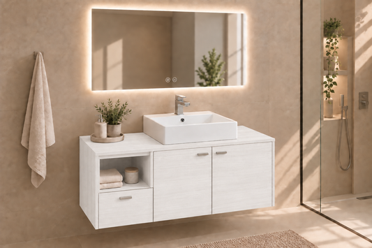 NAXOS bathroom vanity in Nordic White with Libra washbasin and handles