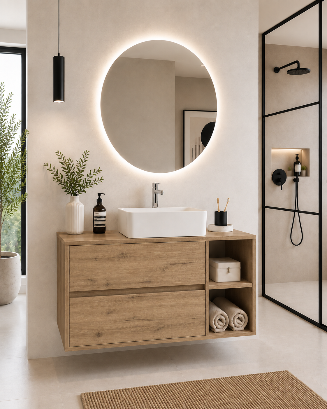 ZEUS Bathroom Vanity with Wooden Countertop and Countertop Washbasin