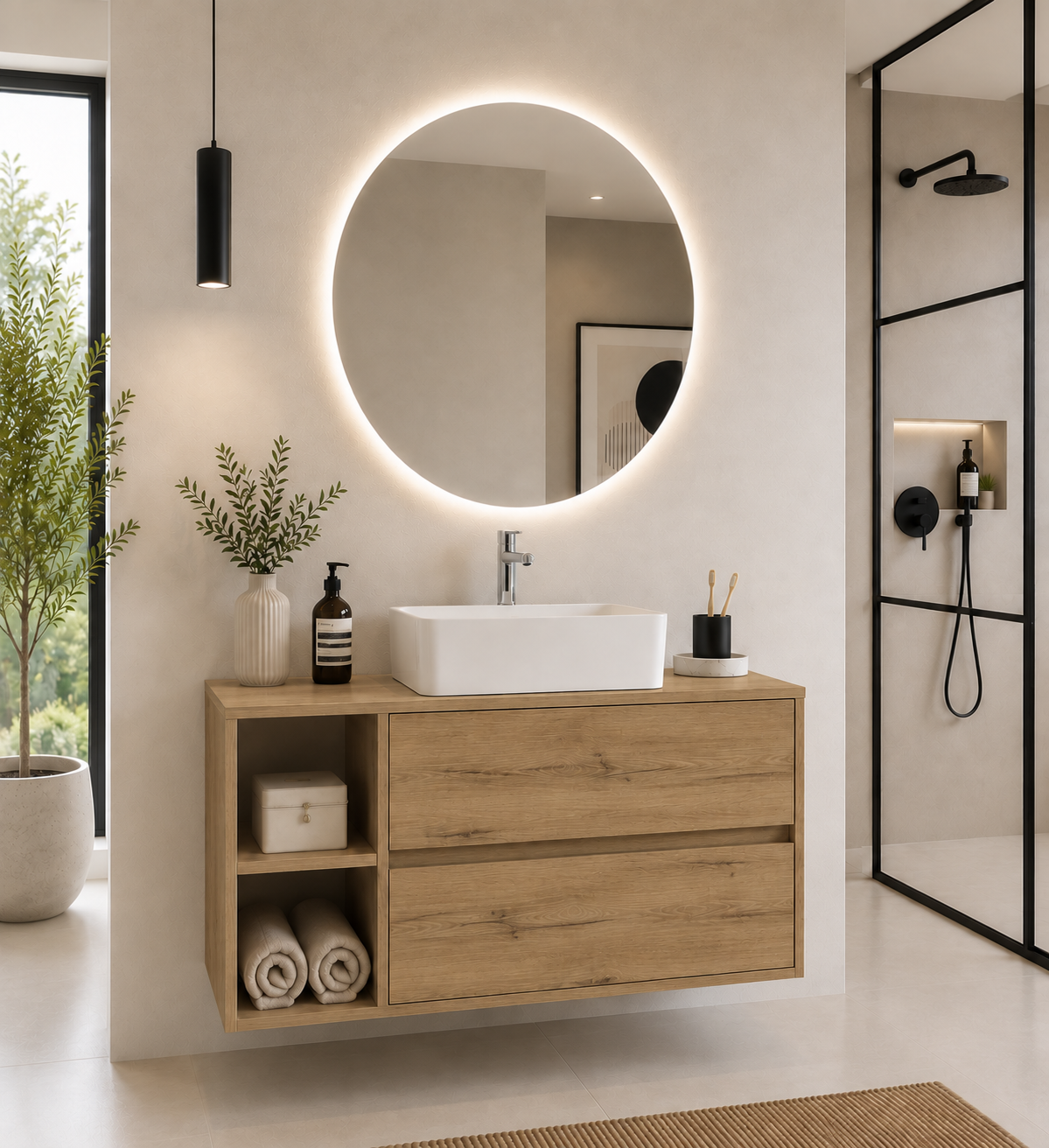 ZEUS Bathroom Vanity with Wooden Countertop and Countertop Washbasin