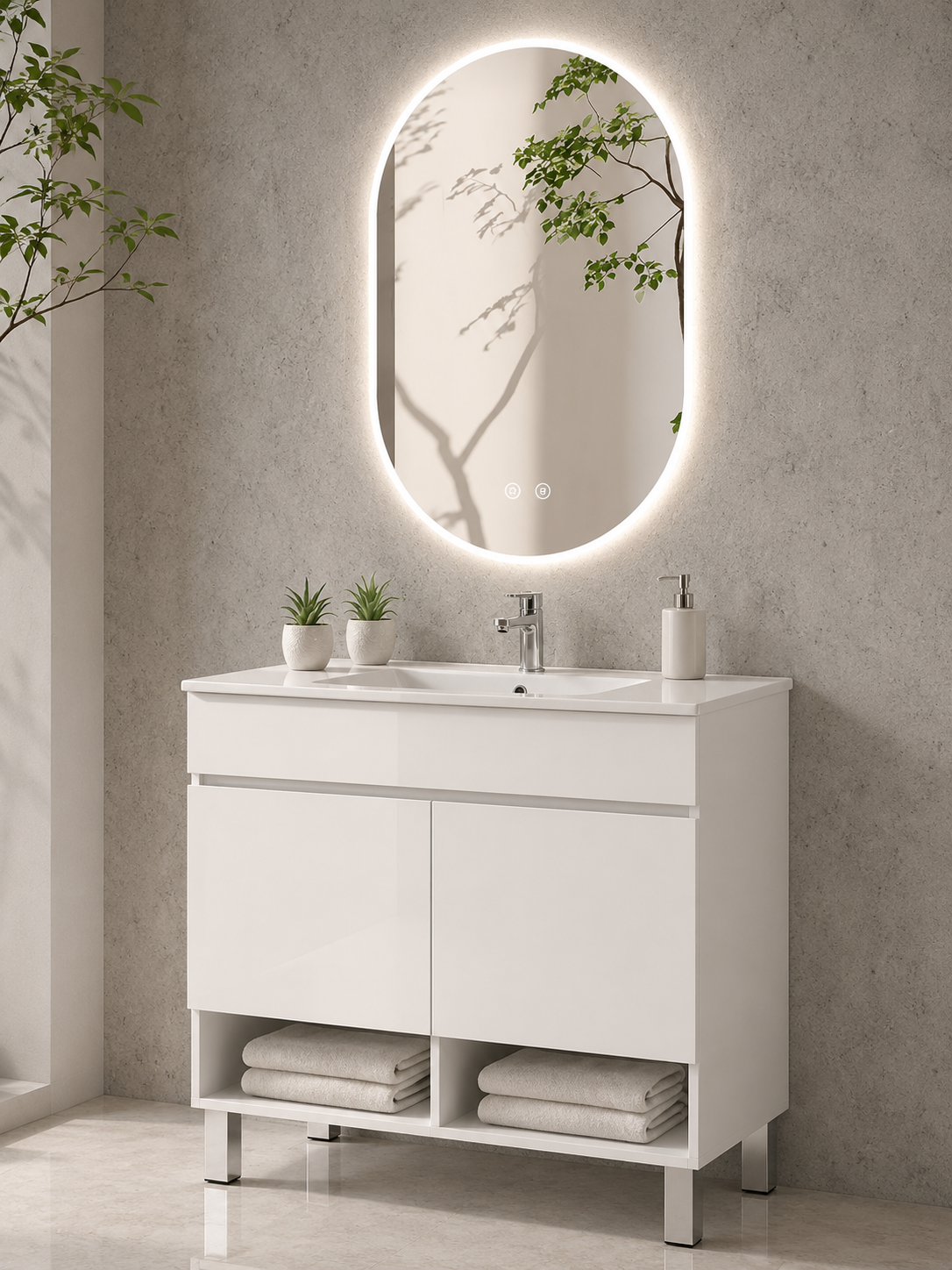 NEBARI Freestanding Bathroom Vanity with Doors and Slimline Washbasin