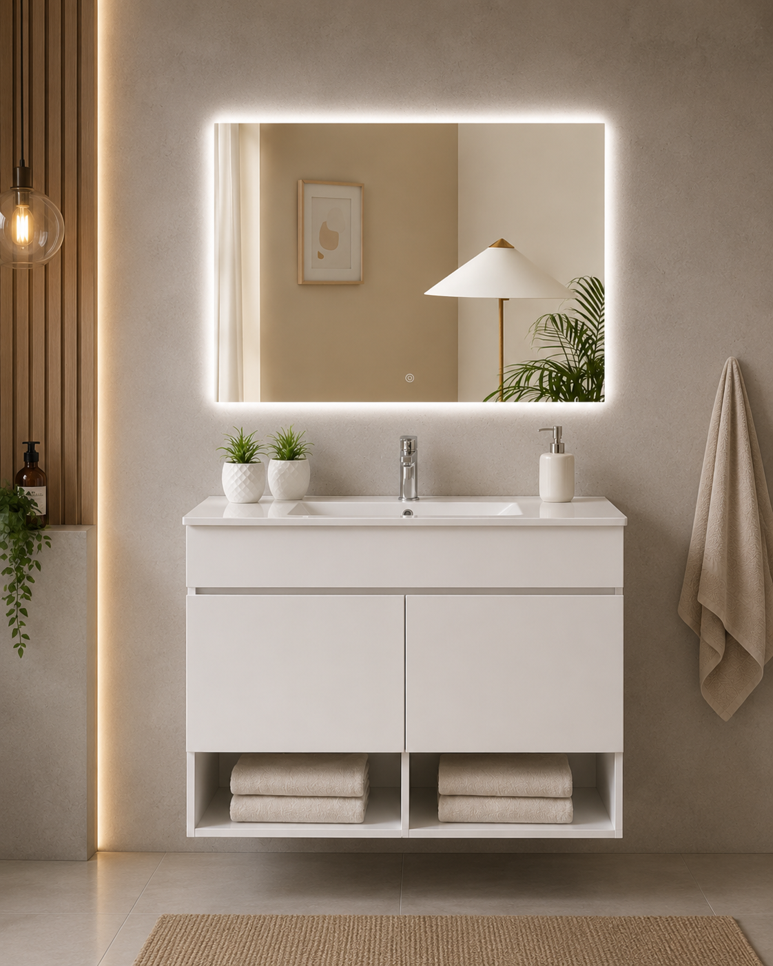 NEBARI Wall-Mounted Bathroom Vanity Unit with Doors and Slimline Washbasin