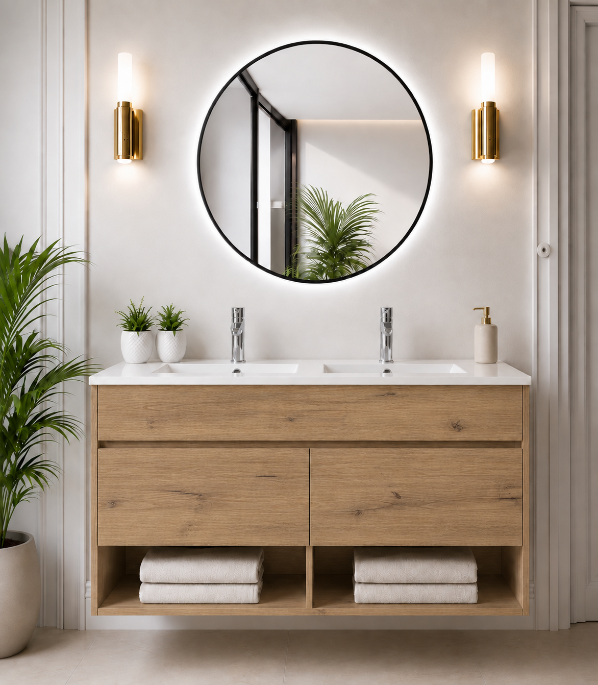 NEBARI Wall-Mounted Bathroom Vanity Unit with Doors and Slimline Washbasin