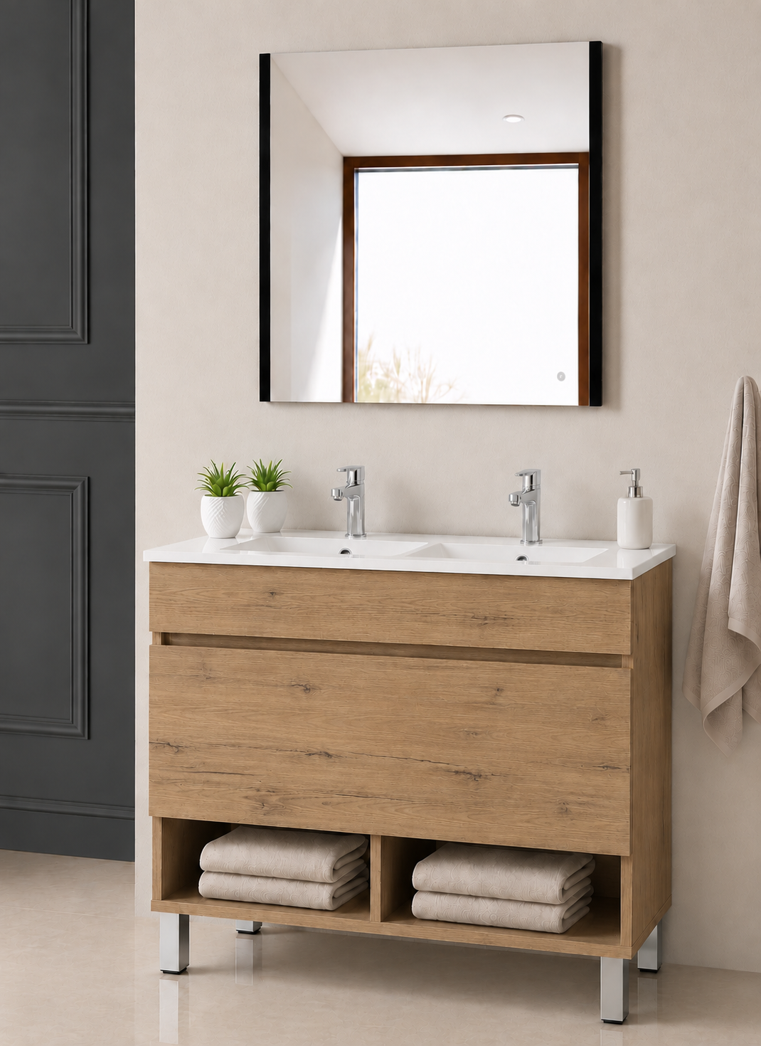 NEBARI freestanding bathroom vanity with doors, two washbasins, Estepa finish