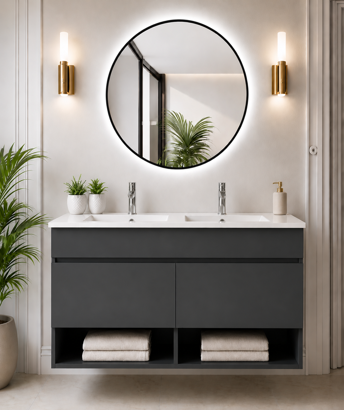 NEBARI Wall-Mounted Bathroom Vanity Unit with Doors and Slimline Washbasin