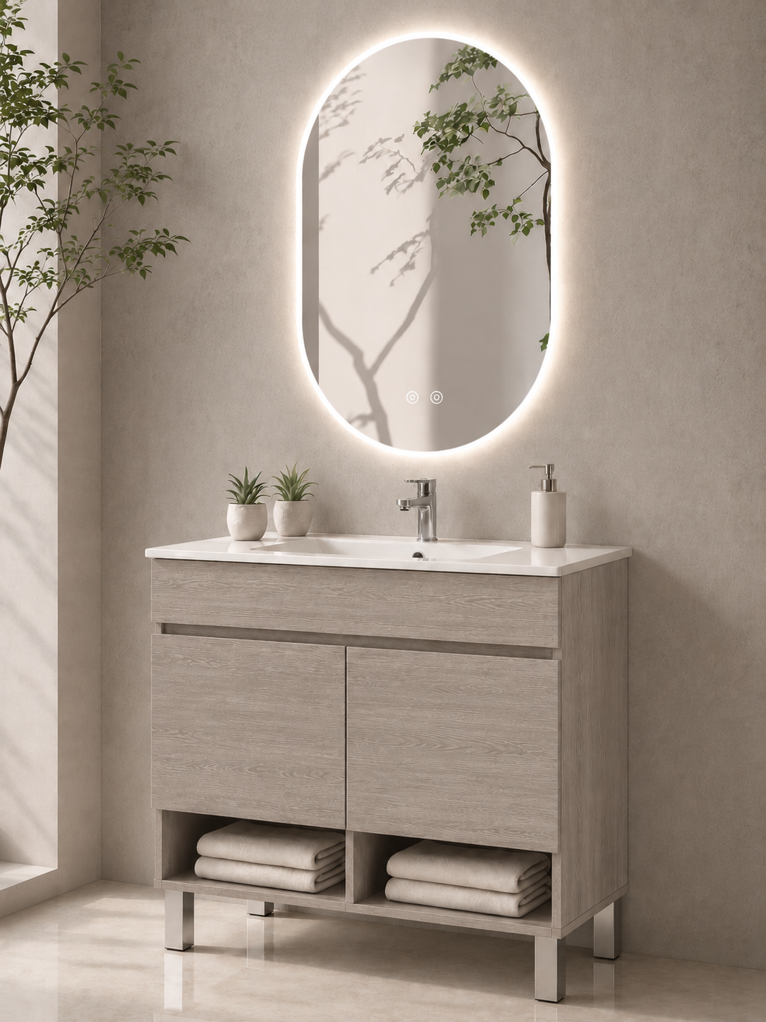 NEBARI Freestanding Bathroom Vanity with Doors and Slimline Washbasin