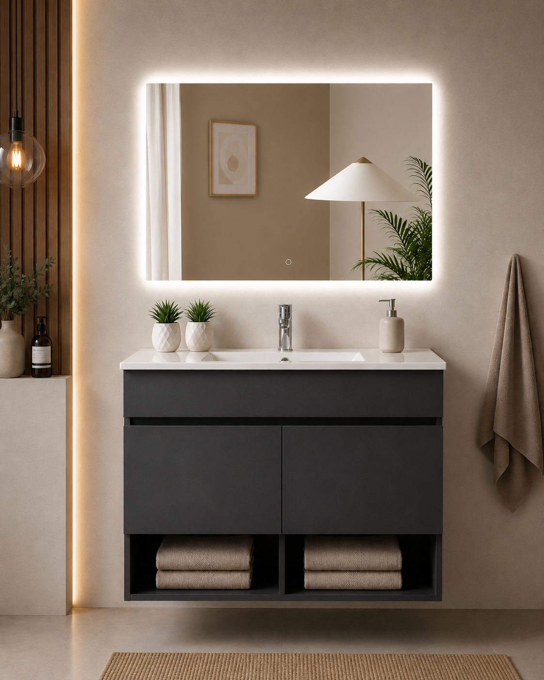 NEBARI Wall-Mounted Bathroom Vanity Unit with Doors and Slimline Washbasin
