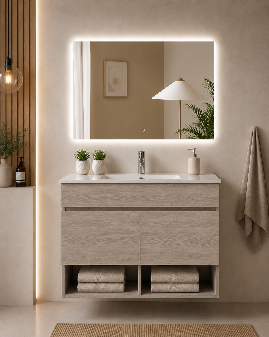 NEBARI Wall-Mounted Bathroom Vanity Unit with Doors and Slimline Washbasin