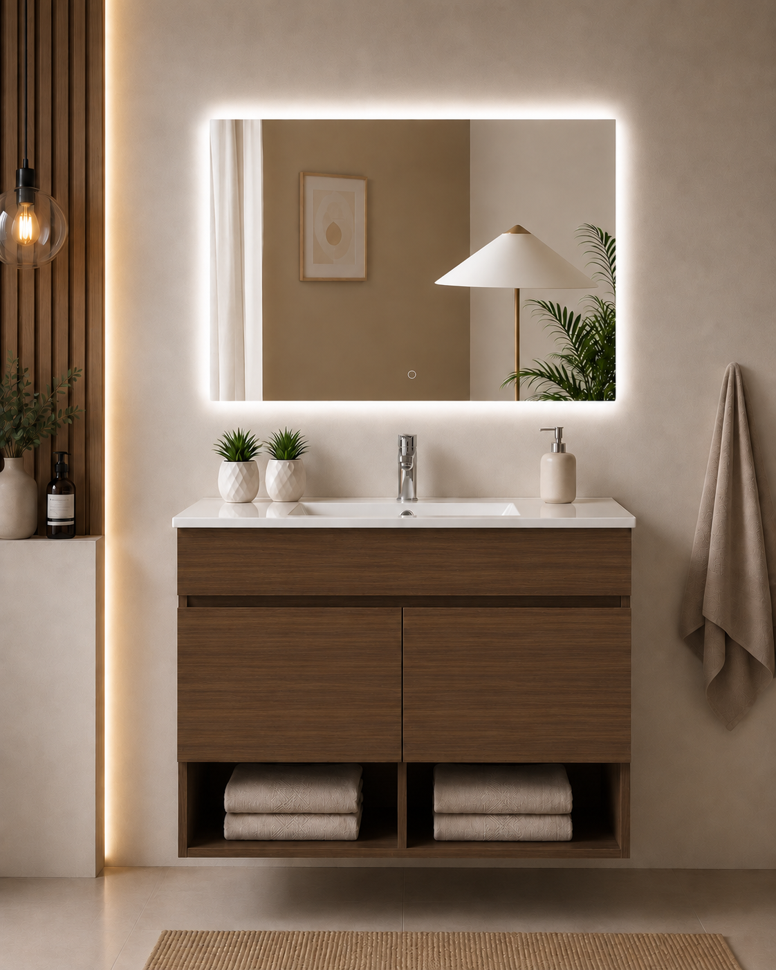 NEBARI Wall-Mounted Bathroom Vanity Unit with Doors and Slimline Washbasin
