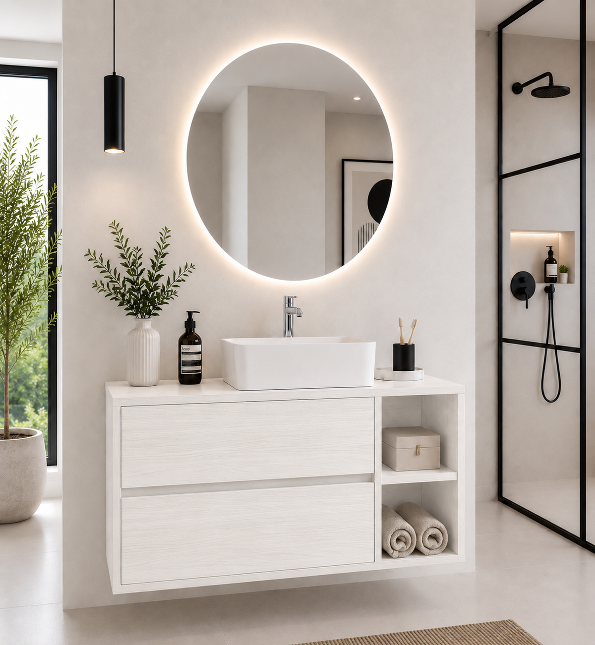 ZEUS Bathroom Vanity with Wooden Countertop and Countertop Washbasin