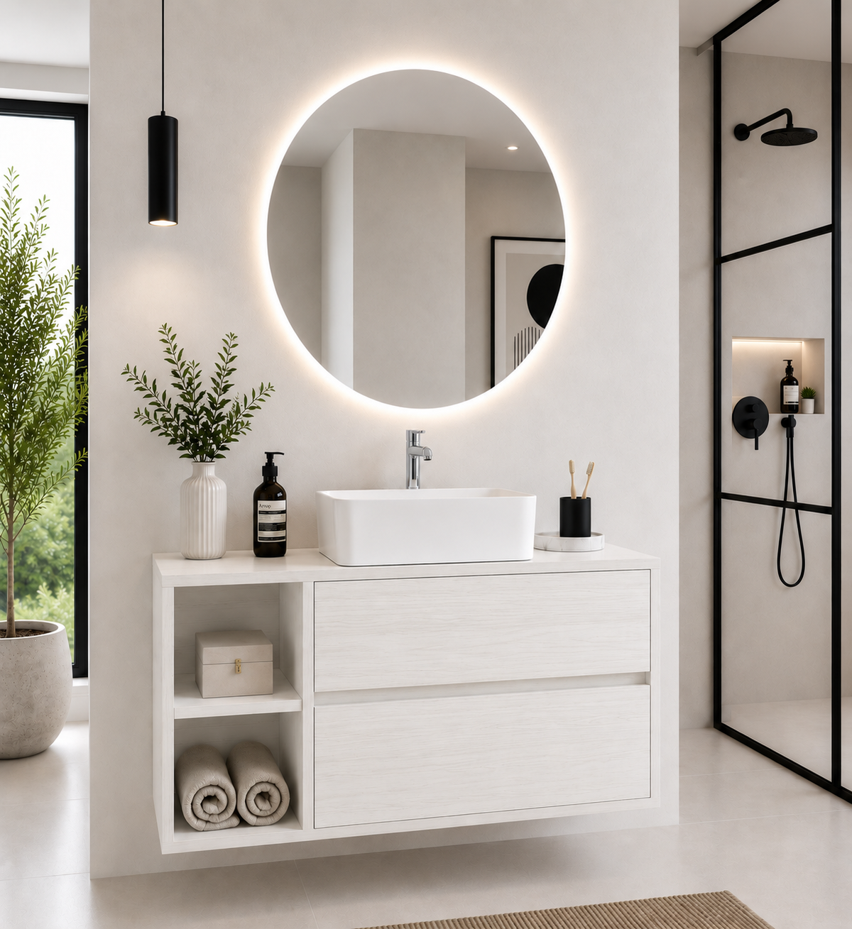 ZEUS Bathroom Vanity with Wooden Countertop and Countertop Washbasin