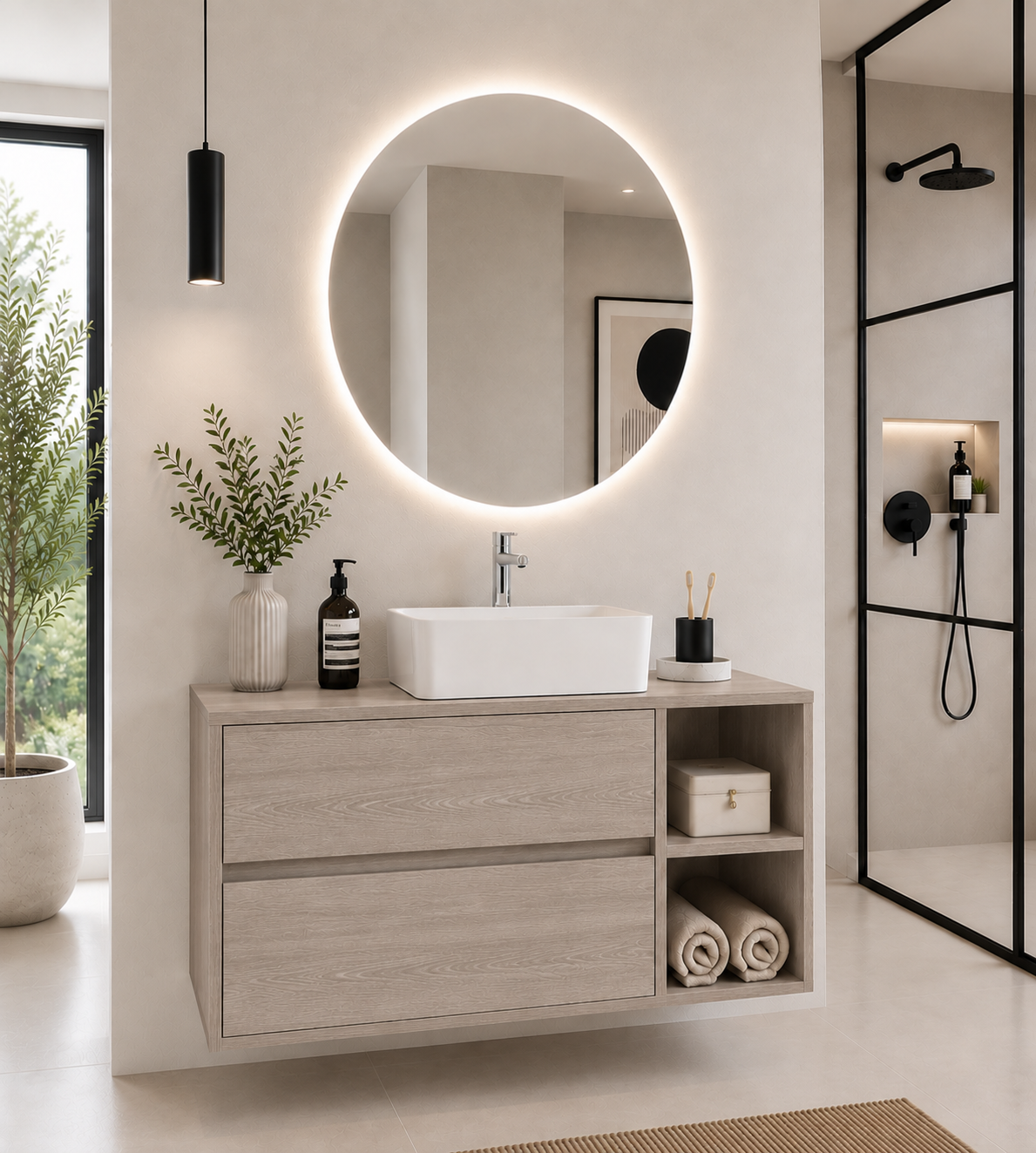 ZEUS Bathroom Vanity with Wooden Countertop and Countertop Washbasin