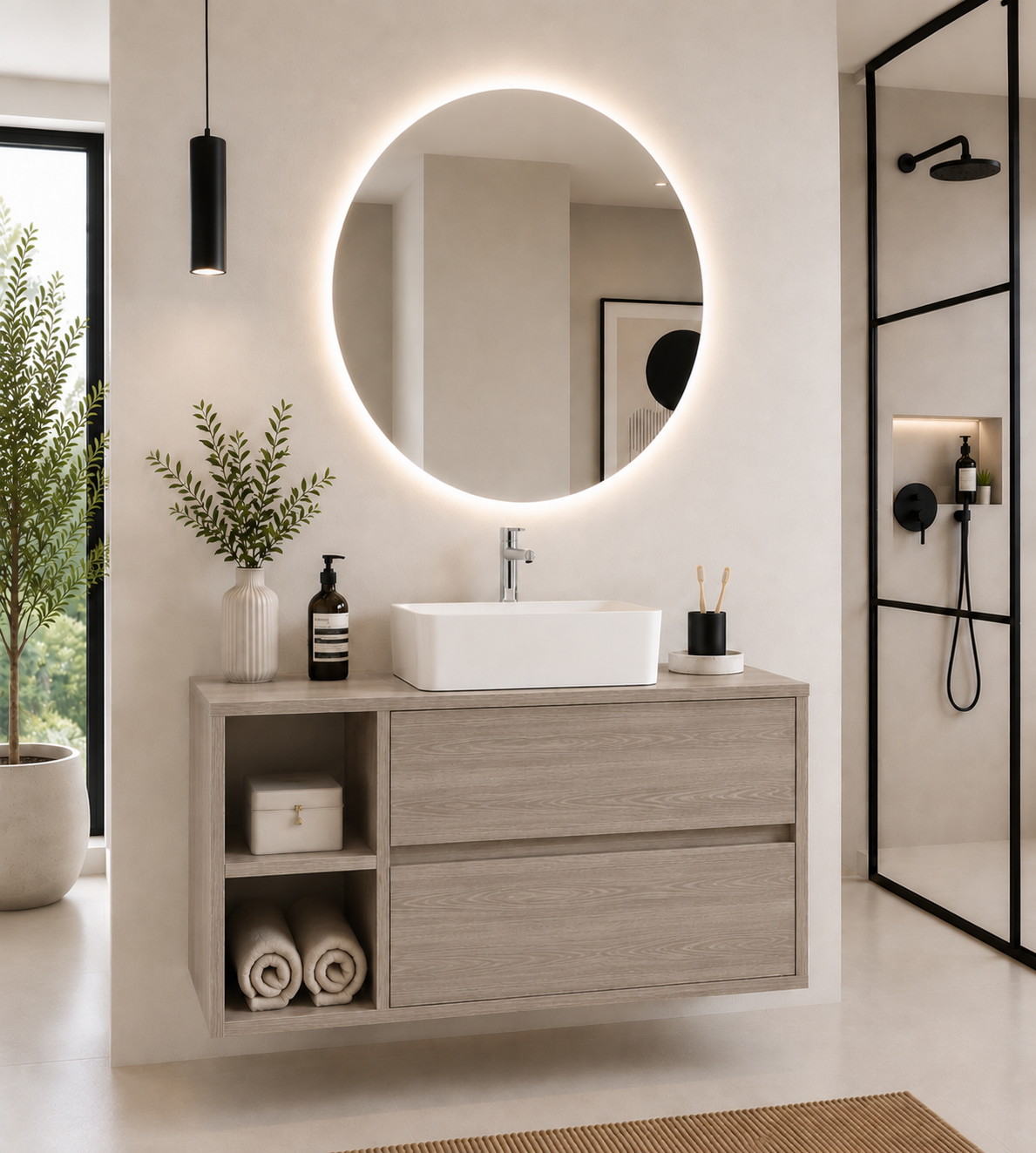 ZEUS Bathroom Vanity with Wooden Countertop and Countertop Washbasin
