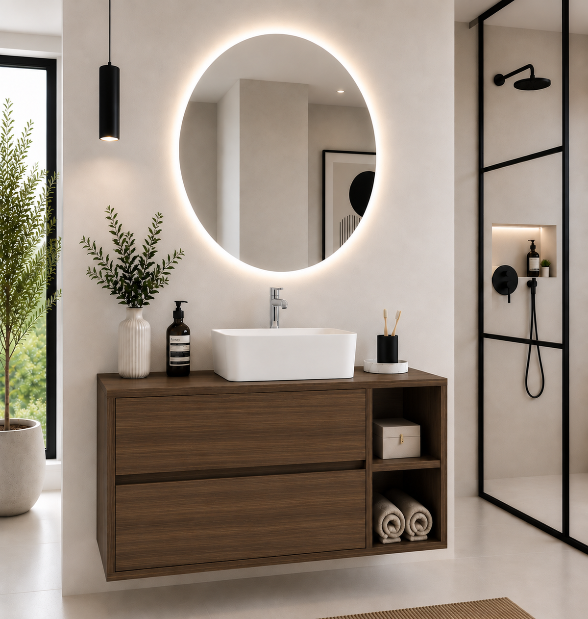ZEUS Bathroom Vanity with Wooden Countertop and Countertop Washbasin
