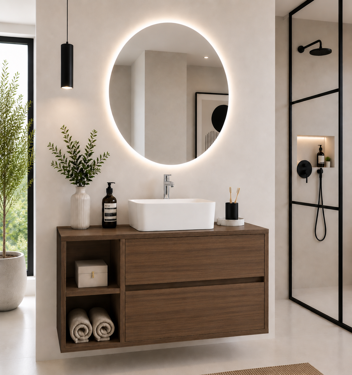 ZEUS Bathroom Vanity with Wooden Countertop and Countertop Washbasin