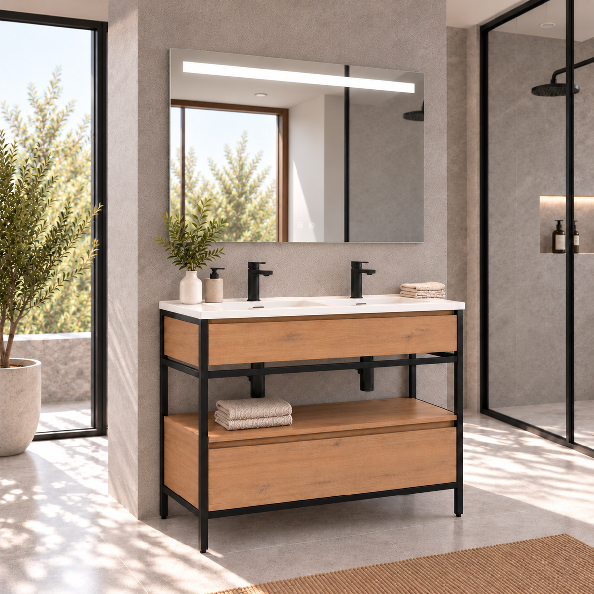 DORIA [2S] integrated double basin,120cm, Estepa finish, angled view