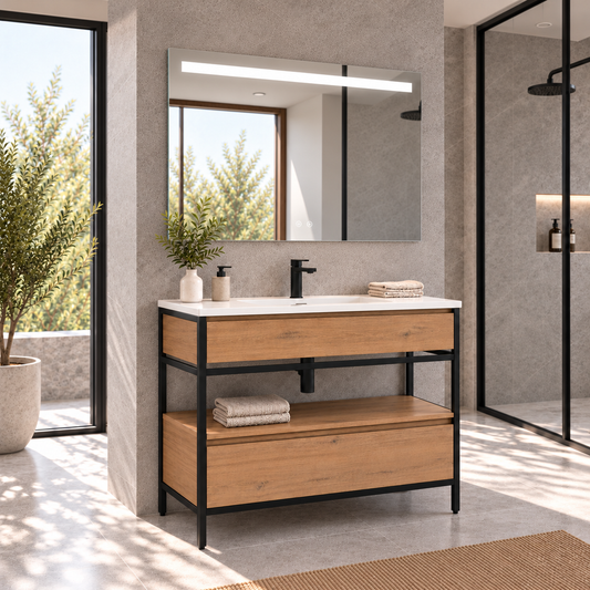 DORIA [1S] bathroom vanity with legs and drawer — integrated basin, Estepa finish, angled view