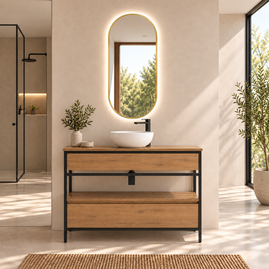 DORIA [1S] bathroom vanity with legs and drawer — countertop basin, Estepa finish, complete bathroom setting