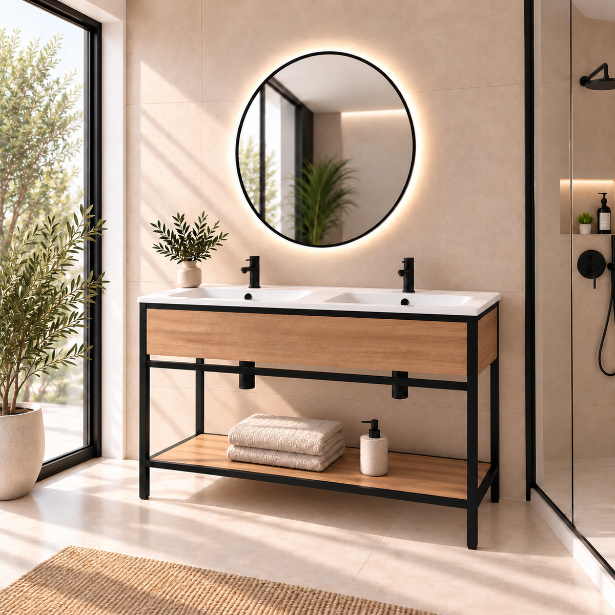 DORIA [2S] integrated double basin,120cm, Estepa finish, angled view