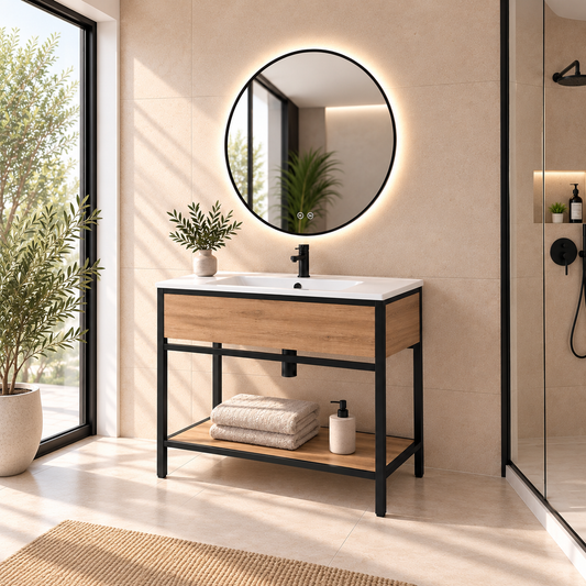 DORIA [1S] bathroom vanity with legs, shelf and integrated basin, Estepa finish, angled view