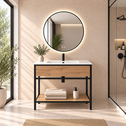 DORIA [1S] bathroom vanity with legs, shelf and integrated basin, Estepa finish, complete bathroom setting