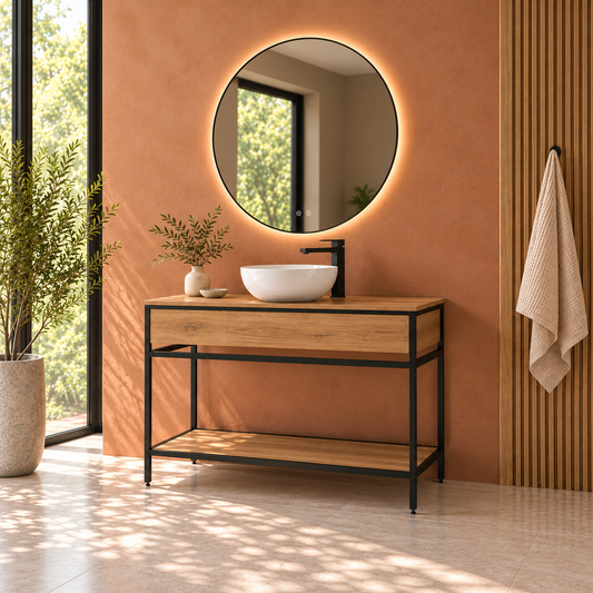 DORIA [1S] bathroom vanity with legs and shelf — countertop basin, Estepa finish, angled view
