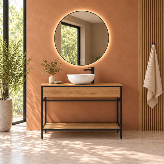 DORIA [1S] bathroom vanity with legs and shelf — countertop basin, Estepa finish, complete bathroom setting
