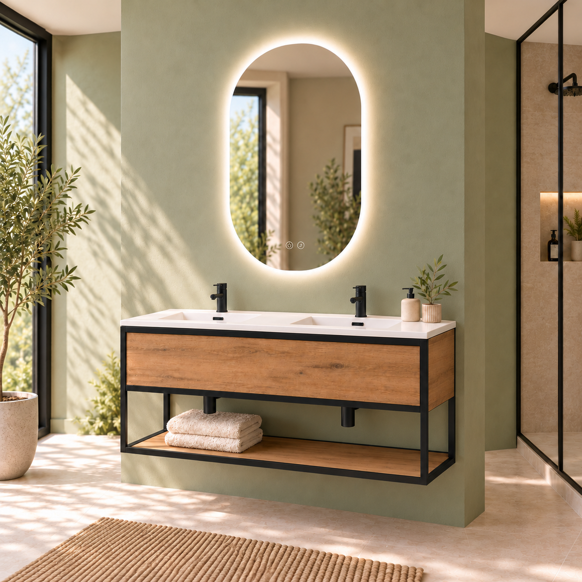 DORIA [2S] integrated double basin,120cm, Estepa finish, angled view
