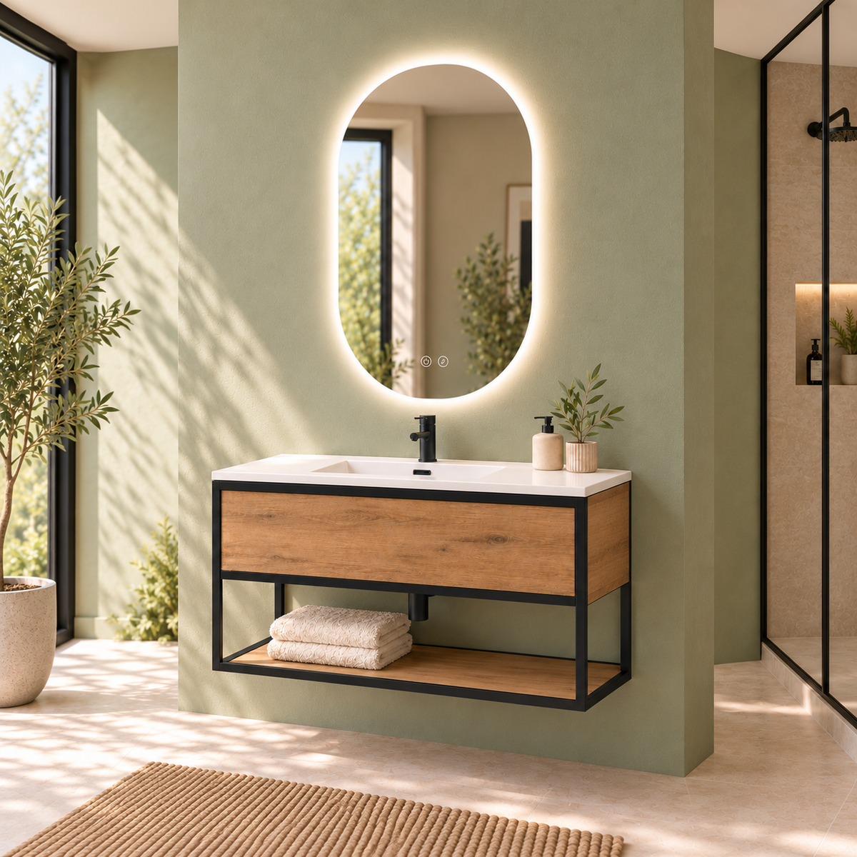 DORIA [1S] wall-hung bathroom vanity with shelf — integrated basin, Estepa finish, angled view