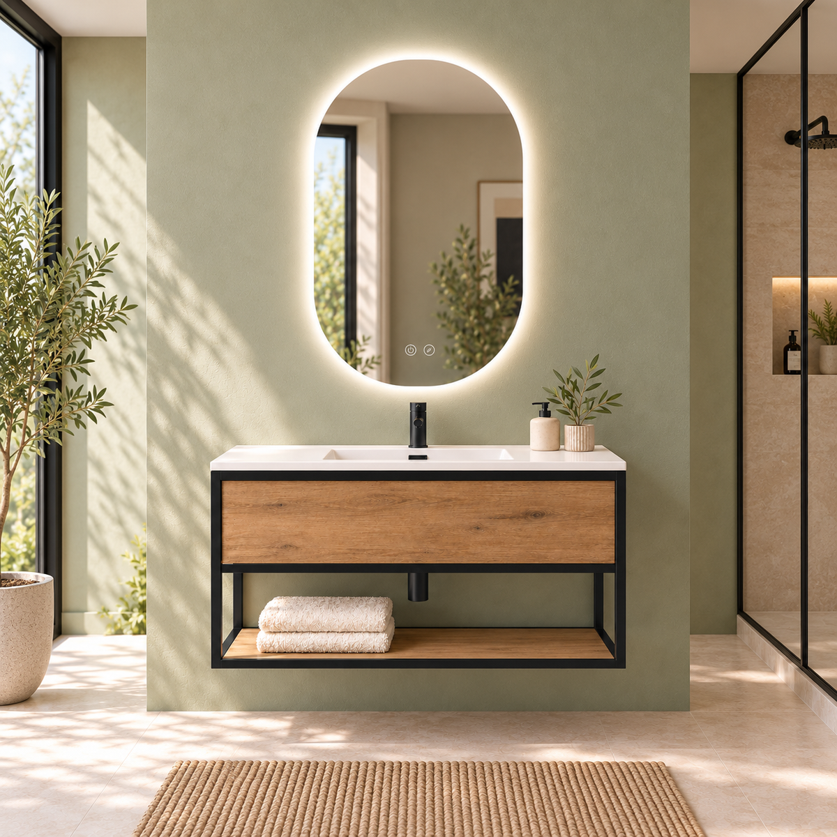 DORIA [1S] wall-hung bathroom vanity with shelf — integrated basin, Estepa finish, complete bathroom setting