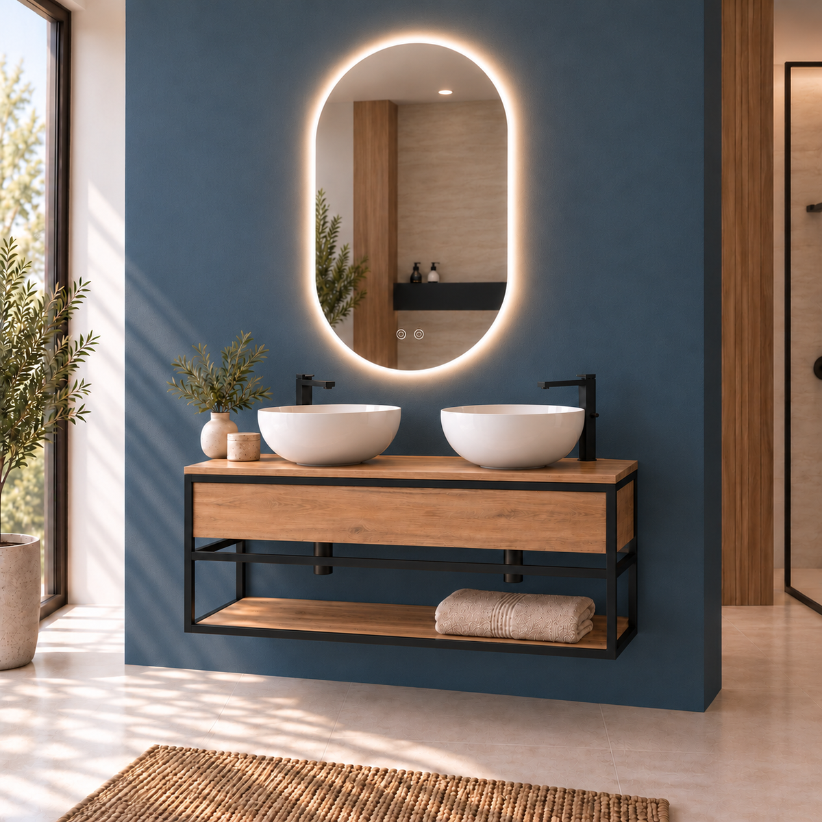 DORIA [2S] two Bol countertop basins,120cm, Estepa finish, angled view