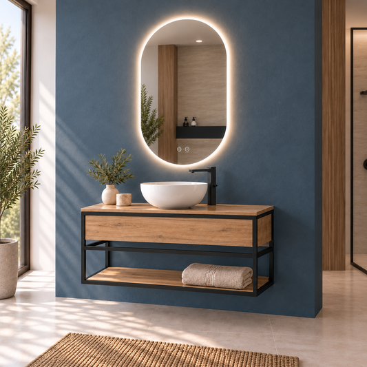 DORIA [1S] wall-hung bathroom vanity with shelf — countertop basin, Estepa finish, angled view