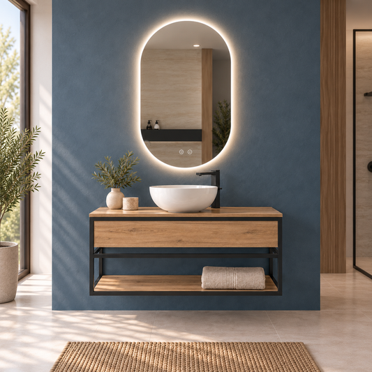 DORIA [1S] wall-hung bathroom vanity with shelf — countertop basin, Estepa finish, complete bathroom setting