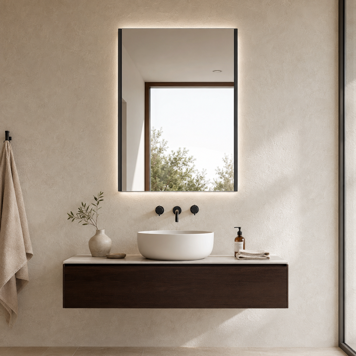 MEGAN LED mirror with black profile in a contemporary bathroom