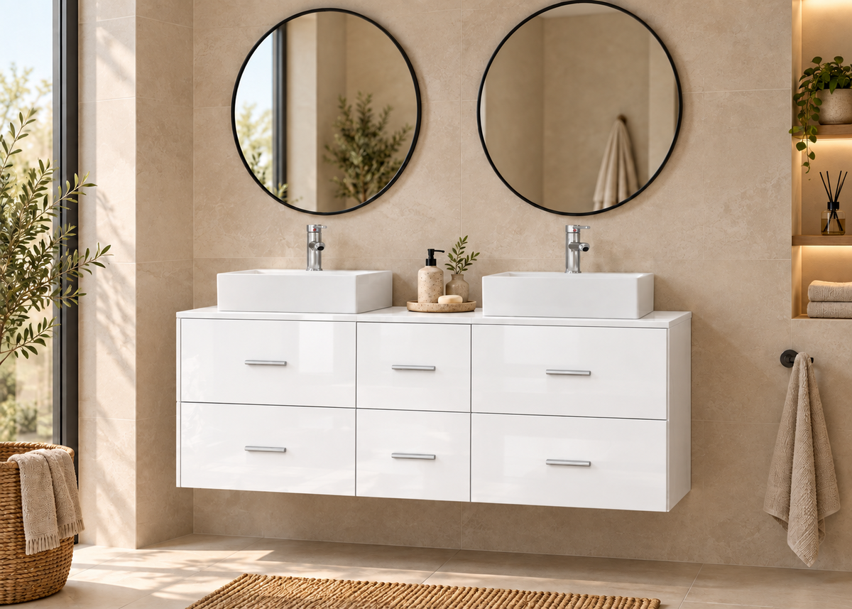 MILOS 121 bathroom vanity in Gloss White with two LIBRA washbasins