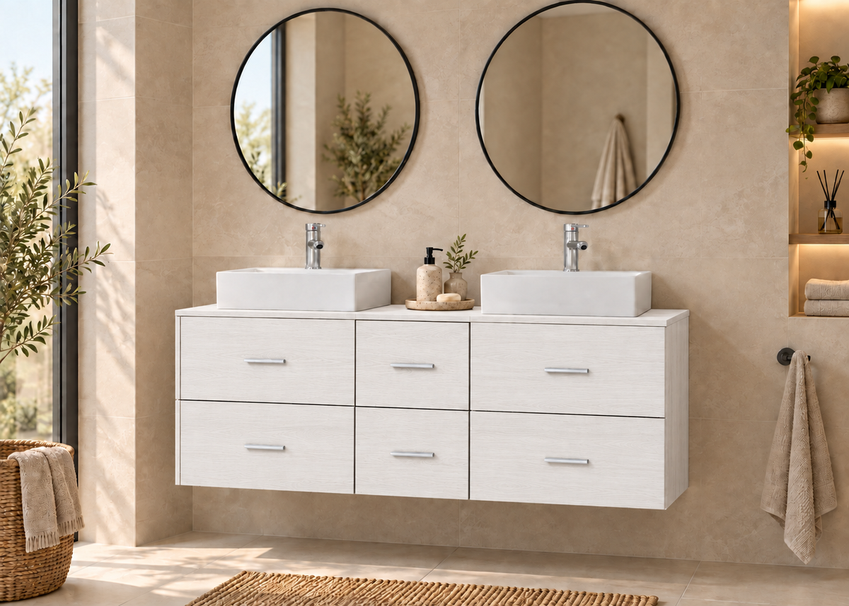 MILOS 121 bathroom vanity in Nordic White with two LIBRA washbasins