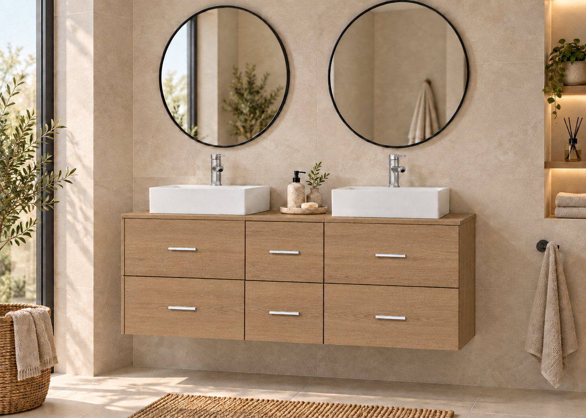 MILOS 121 bathroom vanity in Estepa with two LIBRA washbasins