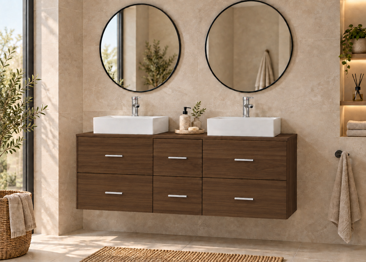 MILOS 121 bathroom vanity in Tea Ash with two LIBRA washbasins