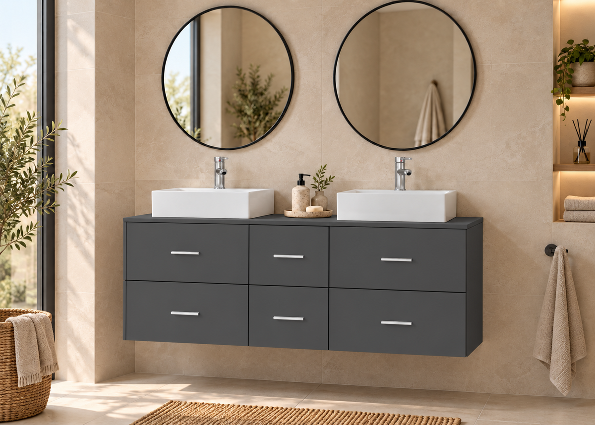 MILOS 121 bathroom vanity in Graphite with two LIBRA washbasins