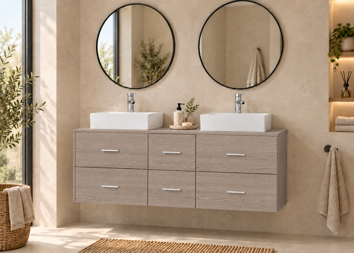MILOS 121 bathroom vanity in Smoky Oak with two LIBRA washbasins