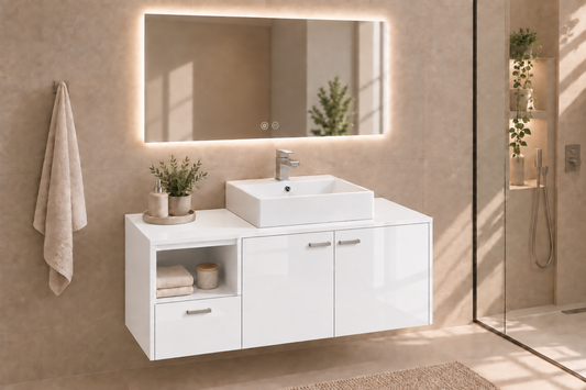 NAXOS bathroom vanity in Gloss White with Libra washbasin and handles