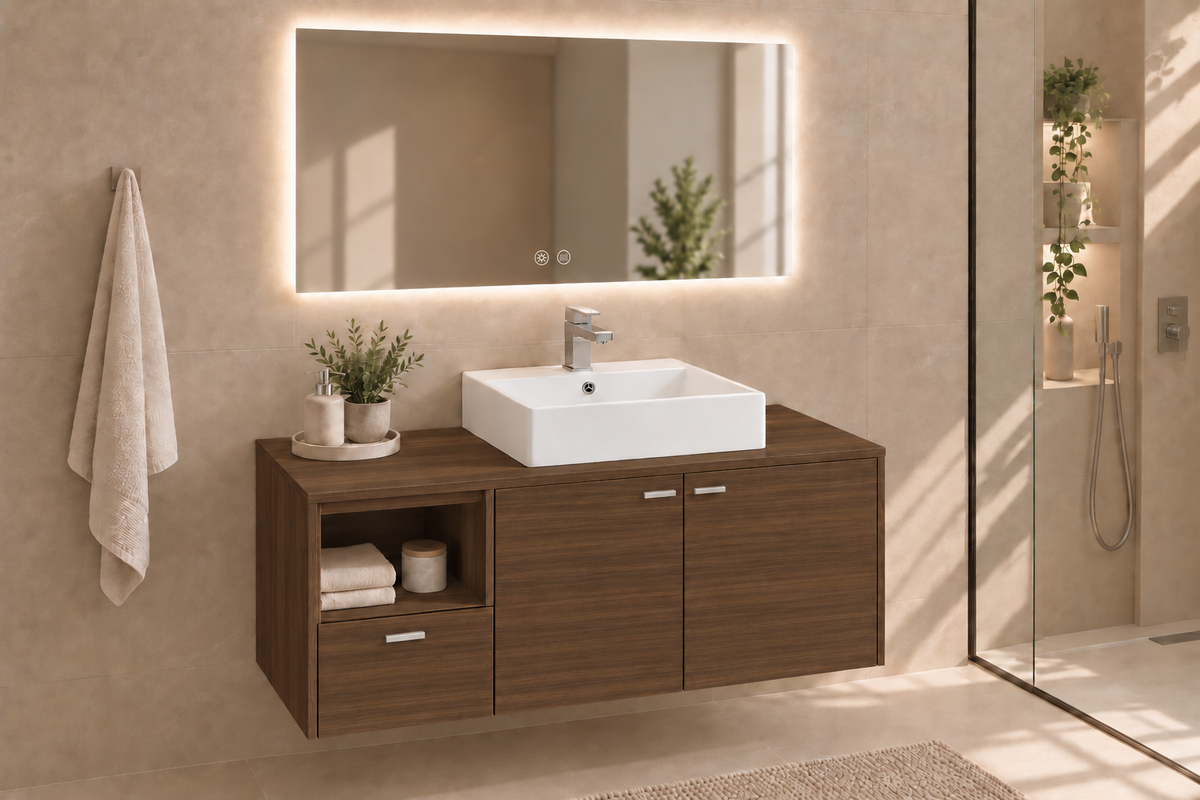 NAXOS bathroom vanity in Tea Ash with Libra washbasin and handles
