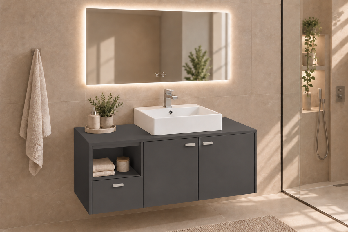 NAXOS bathroom vanity in Graphite with Libra washbasin and handles