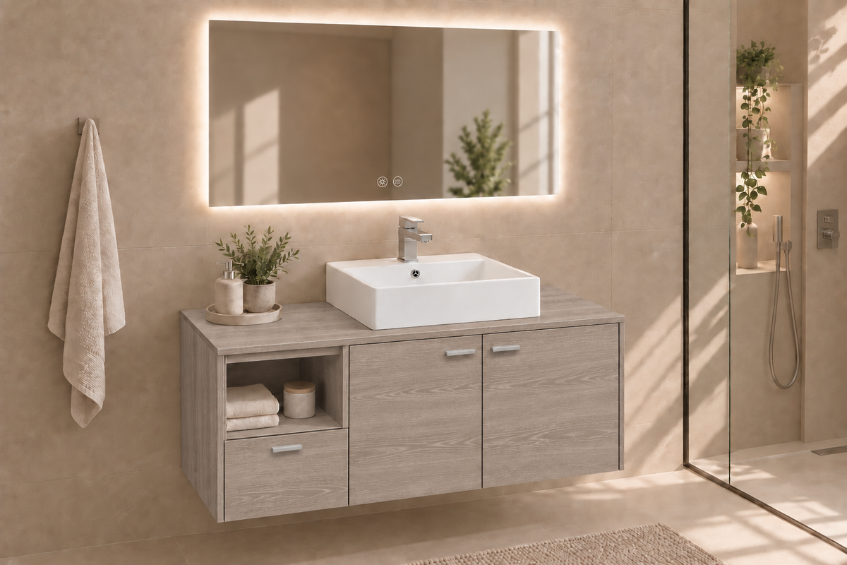 NAXOS bathroom vanity in Smoky Oak with Libra washbasin and handles