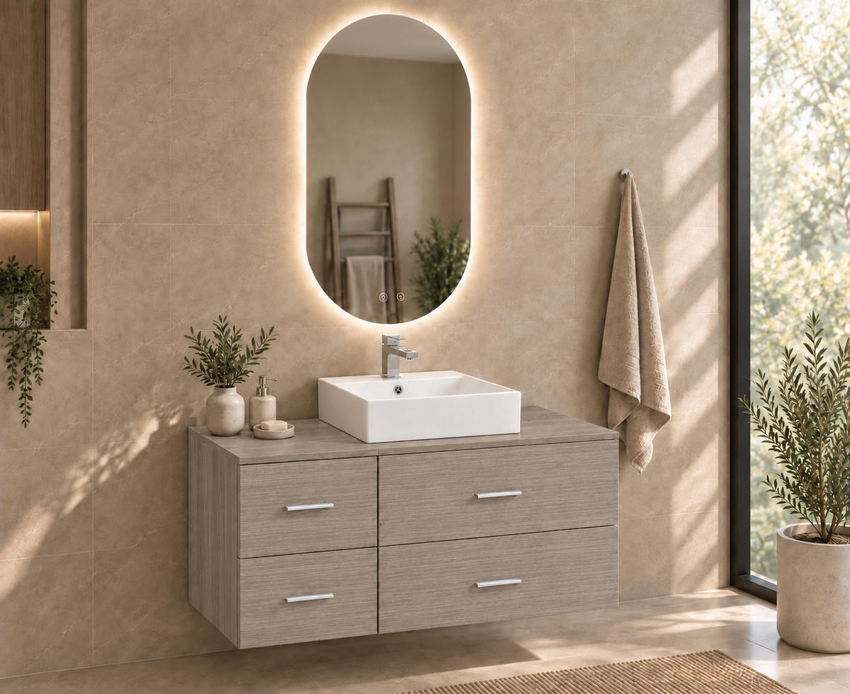 PAROS bathroom vanity in Smoky Oak with Libra washbasin